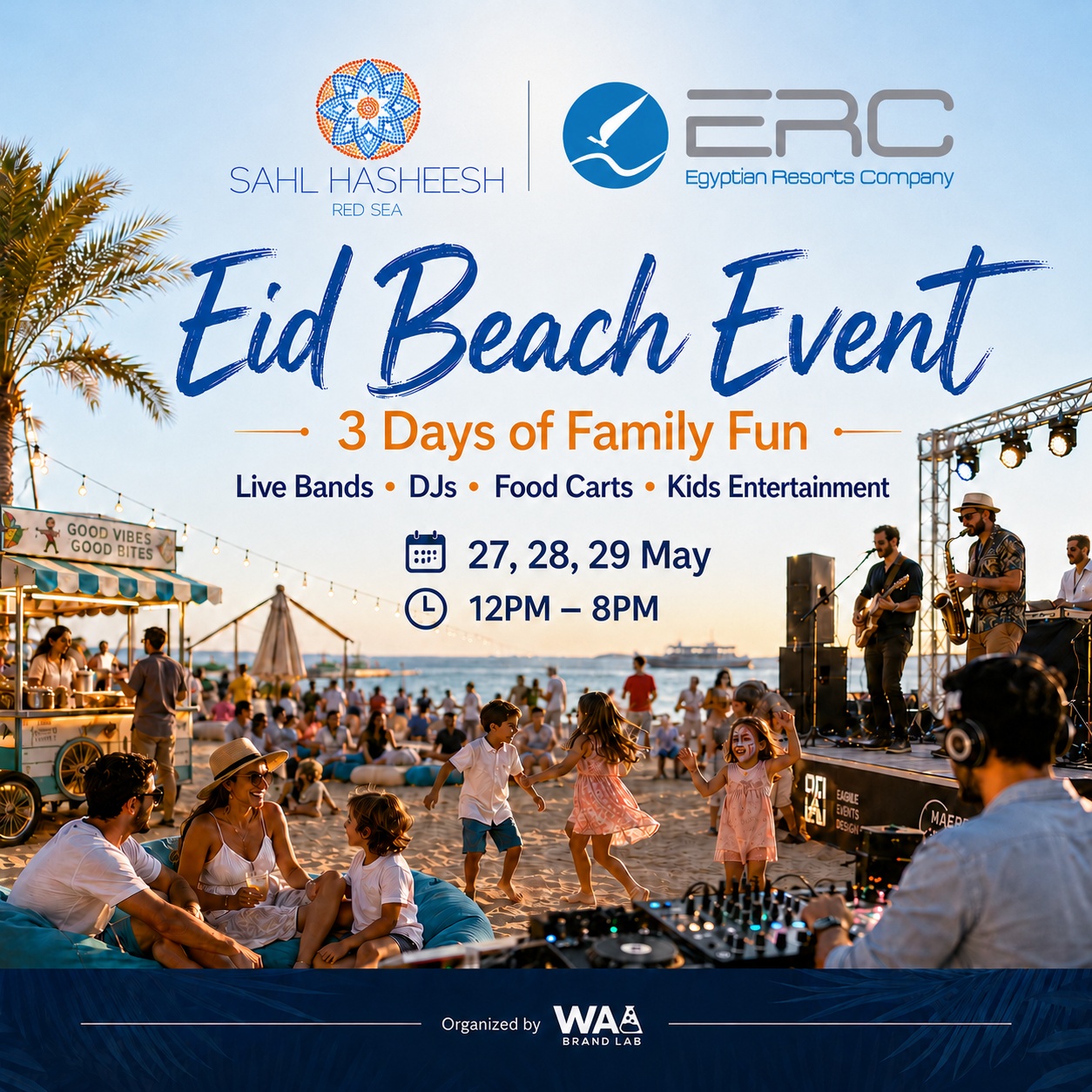 Sahl Hasheesh and ERC Eid Beach Event flyer advertising three days of family fun on 27 28 and 29 May