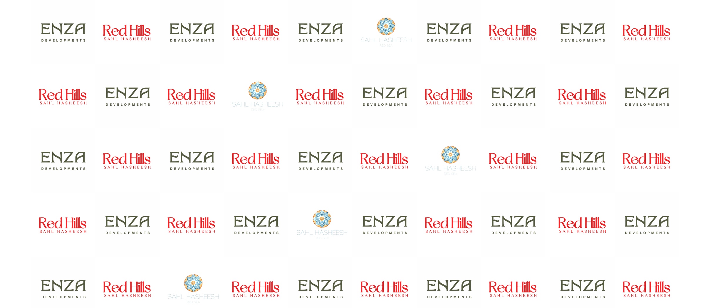 Paparazzi wall artwork repeating ENZA, Red Hills and Sahl Hasheesh logos