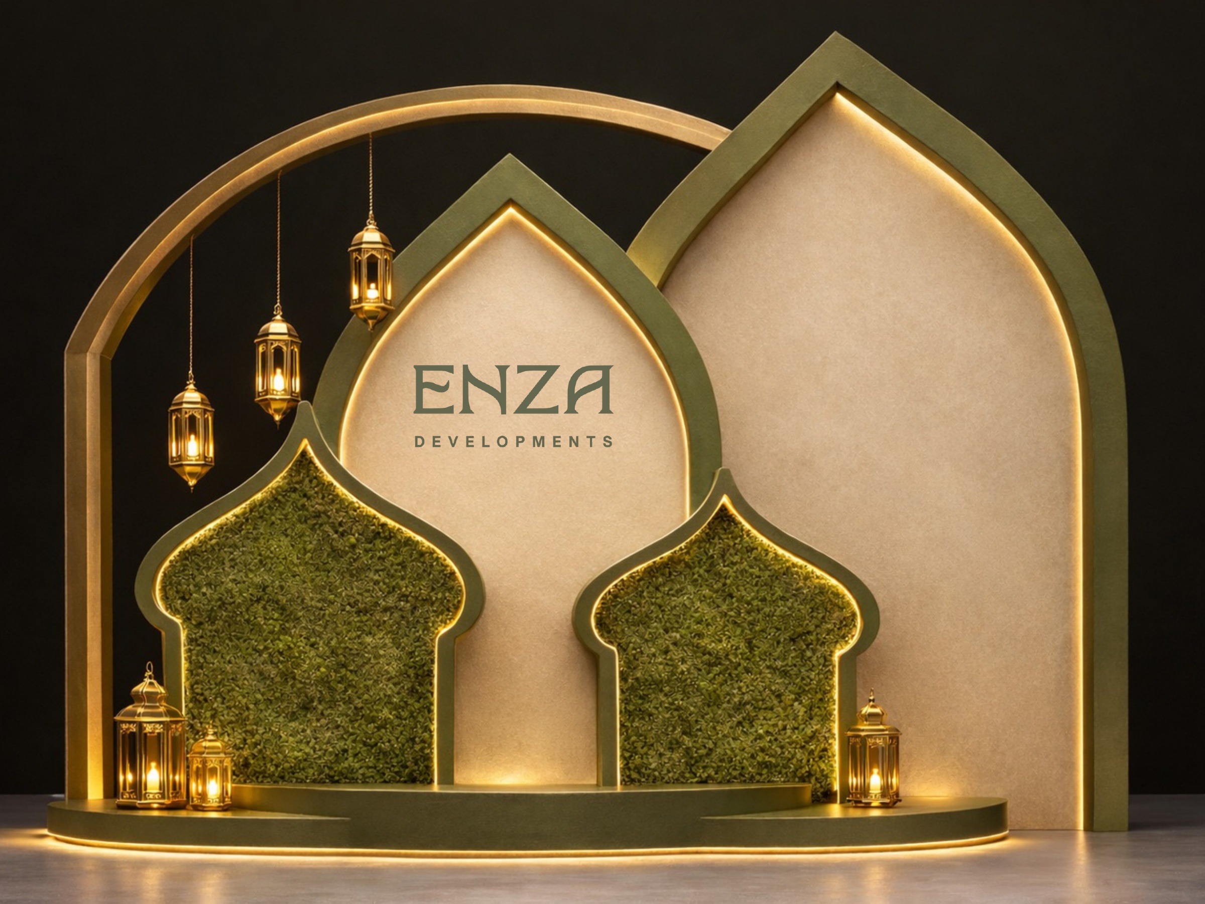 ENZA Ramadan backdrop design with layered arches, gold lanterns and greenery