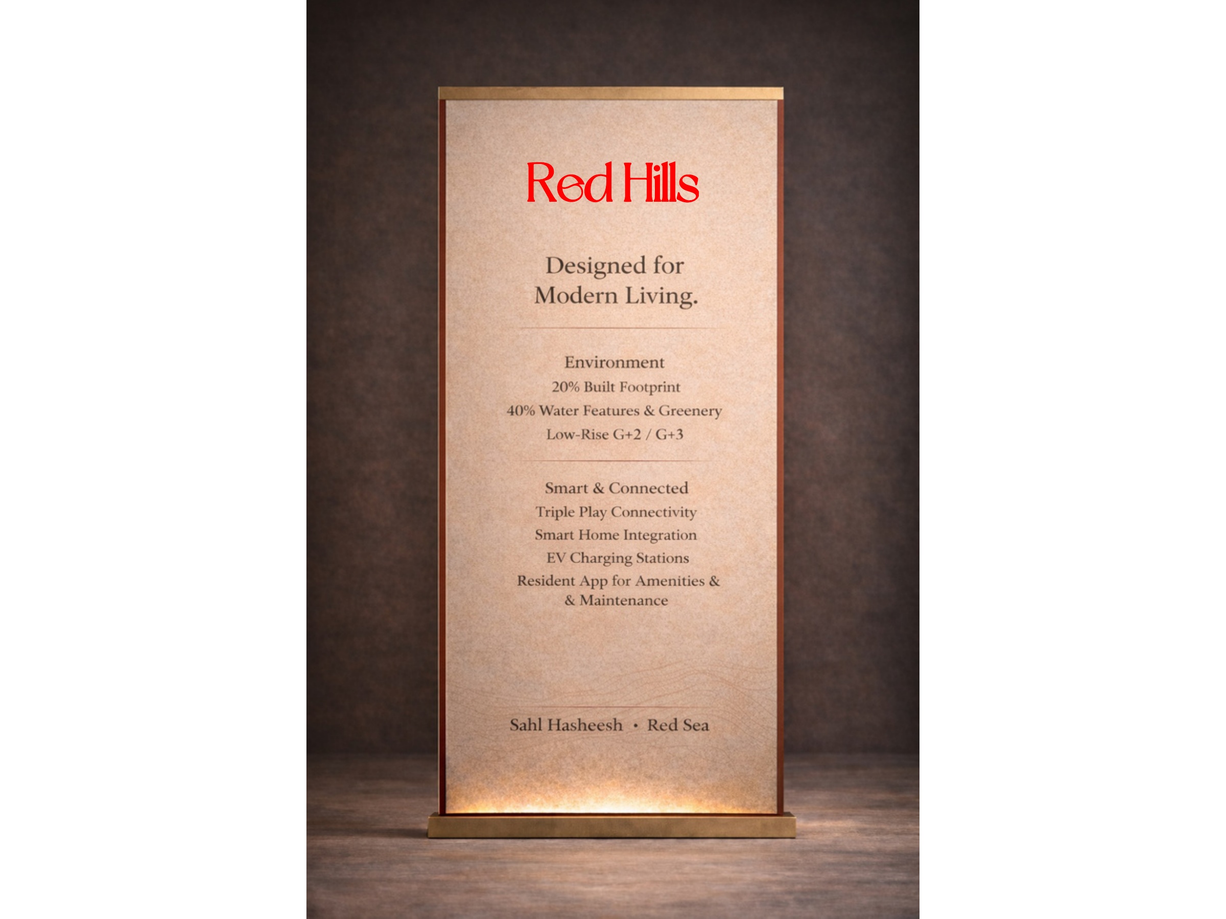 Red Hills Designed for Modern Living banner with project feature descriptions
