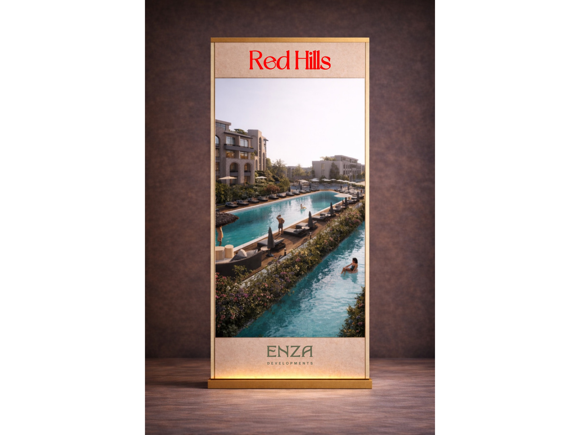 Red Hills poolside project rendering on a branded standing banner