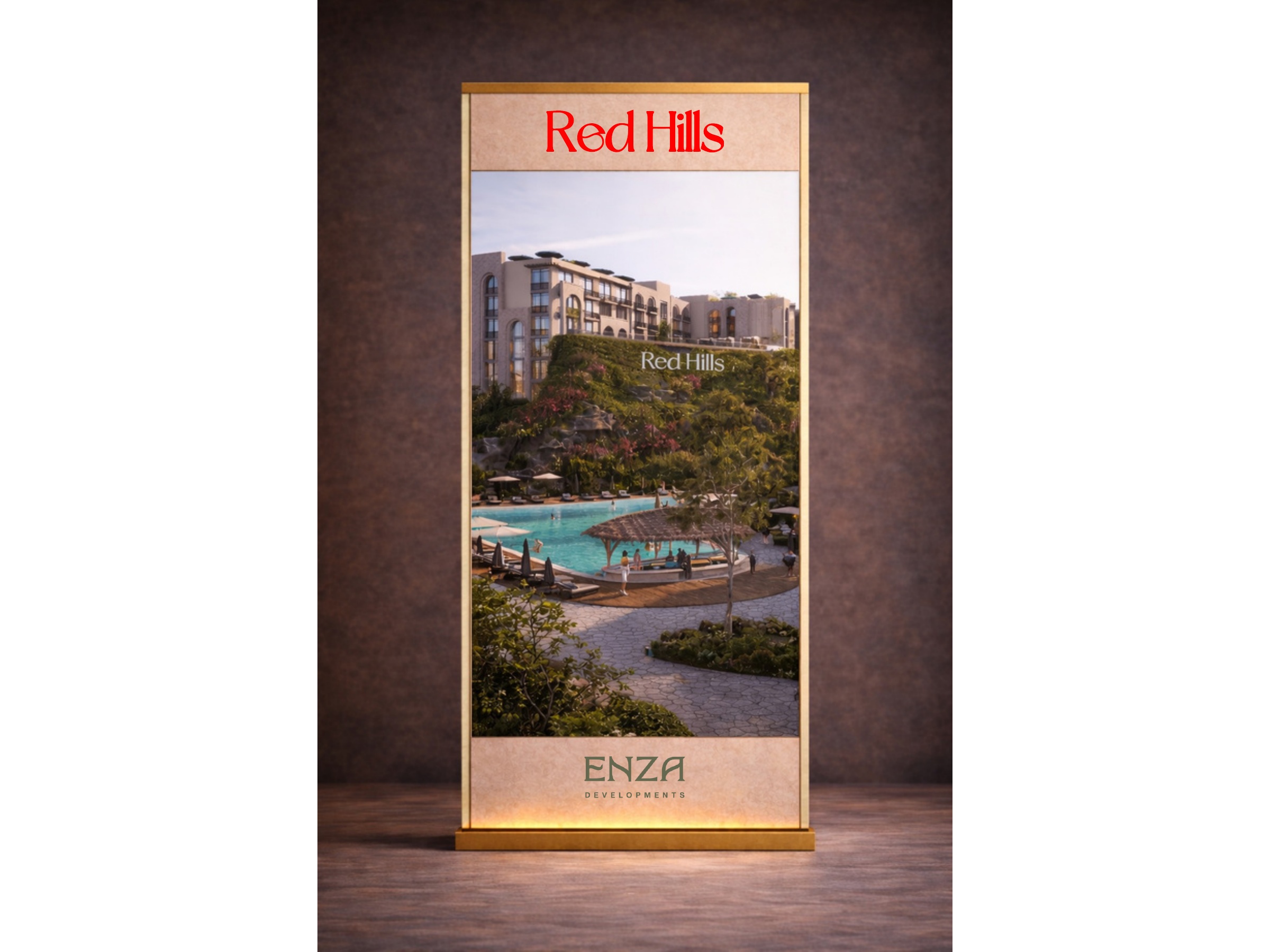 Red Hills hillside residences rendering on a branded standing banner