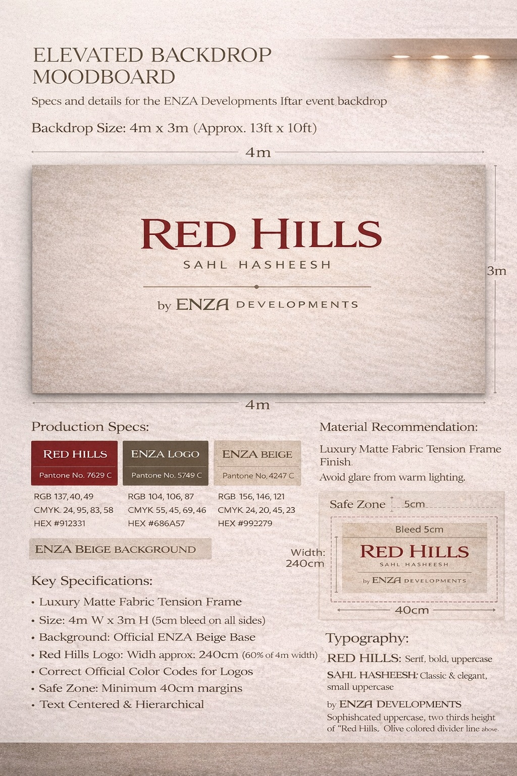Red Hills and ENZA stage-backdrop design moodboard showing a four-by-three-metre backdrop